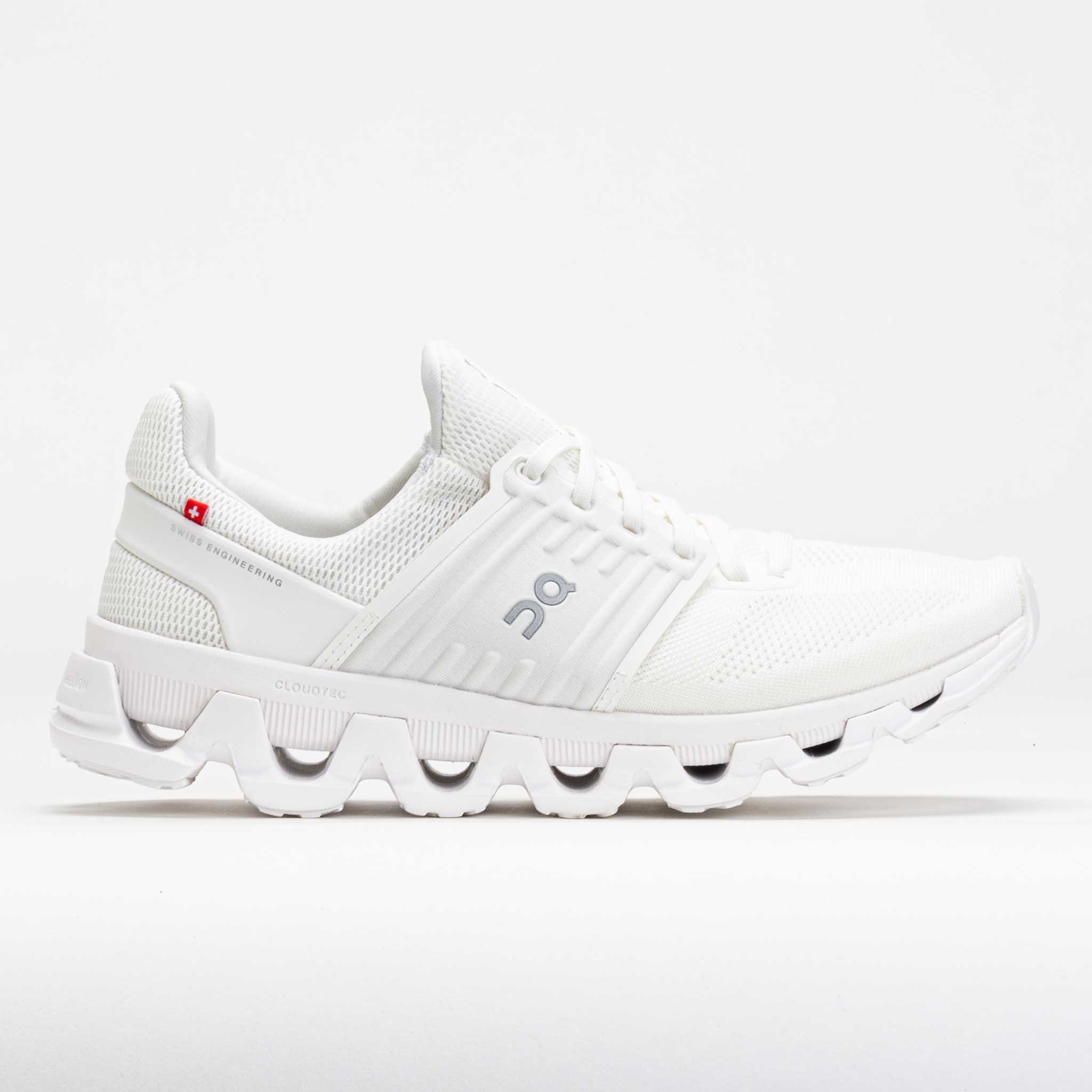 Side view on white background of Womens On Cloudswift 3 AD running shoe in Undyed-White/White, Medium (Regular) width