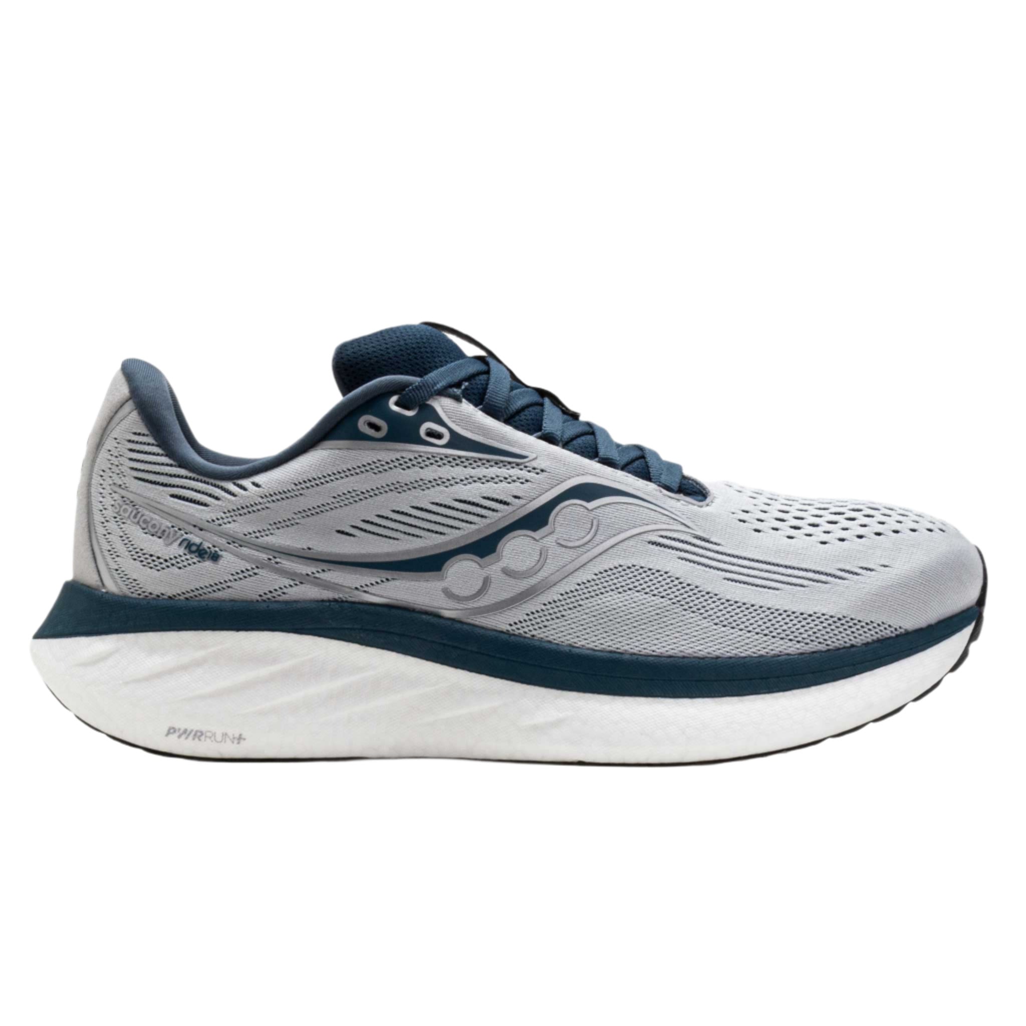 Side view on white background of Mens Saucony Ride 18 running shoe in Cloud/Dusk, Medium (Regular) width