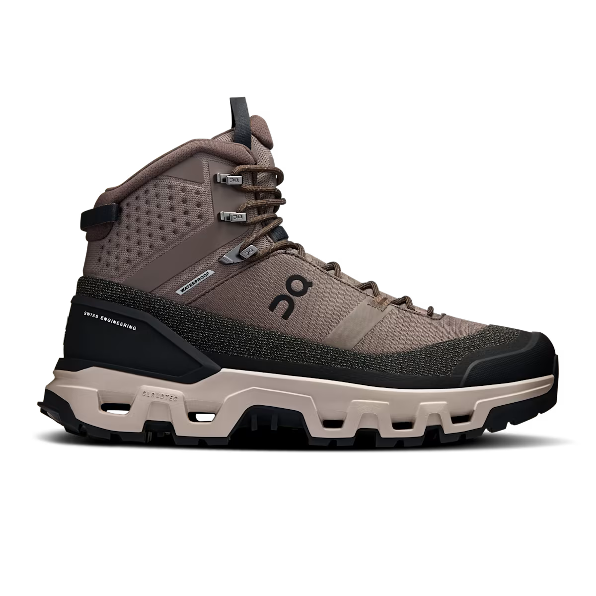 Side view on white background of Mens On Cloudrock Trek Waterproof running shoe in Ash/Fog, Medium (Regular) width