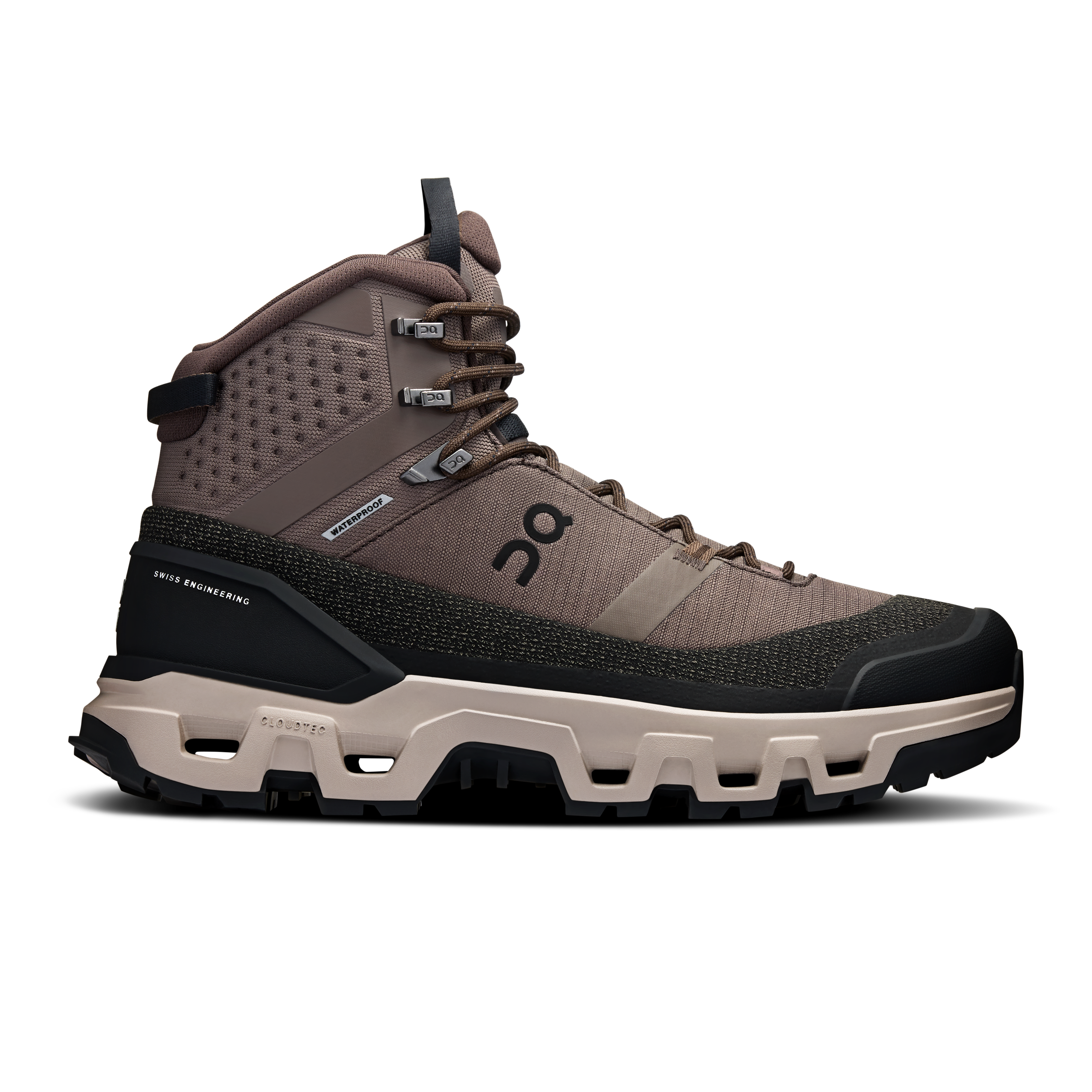 Side view on white background of Mens On Cloudrock Trek WP running shoe in Ash/Fog, Medium (Regular) width