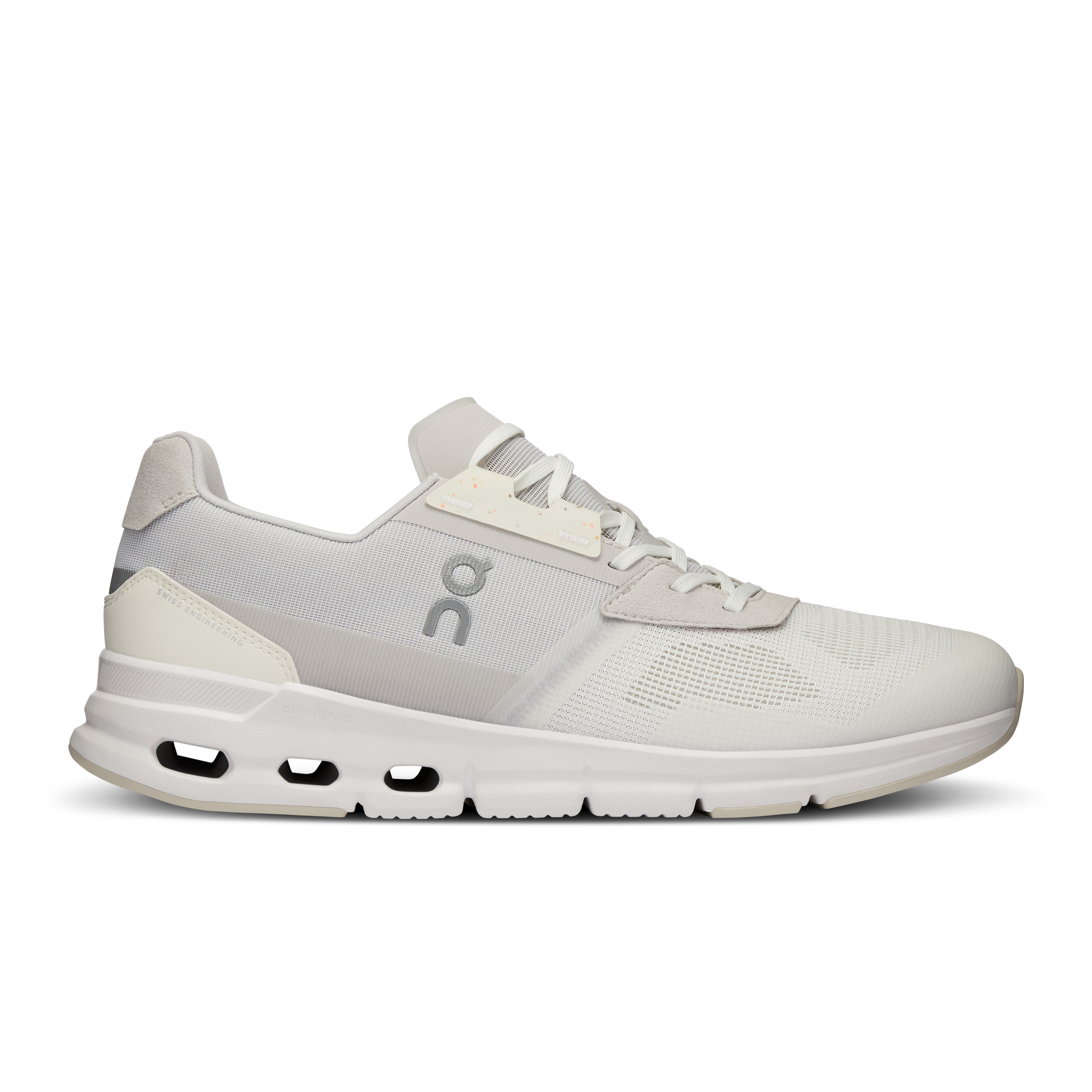 Side view on white background of Mens On Cloudrift running shoe in White/Frost, Medium (Regular) width