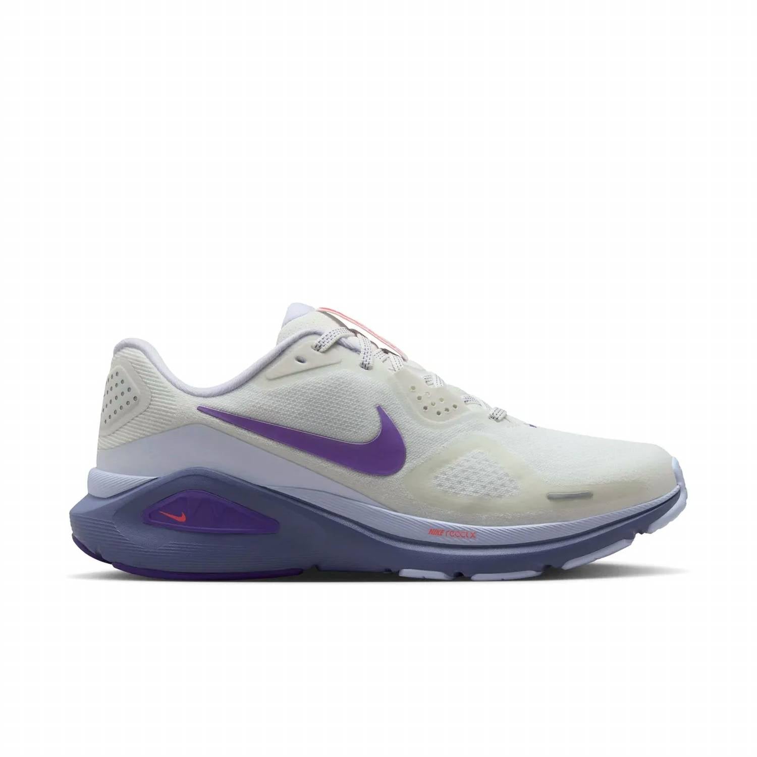 Side view on white background of Womens Nike Structure 26 running shoe in Summit White/Wild Grape, Medium (Regular) width
