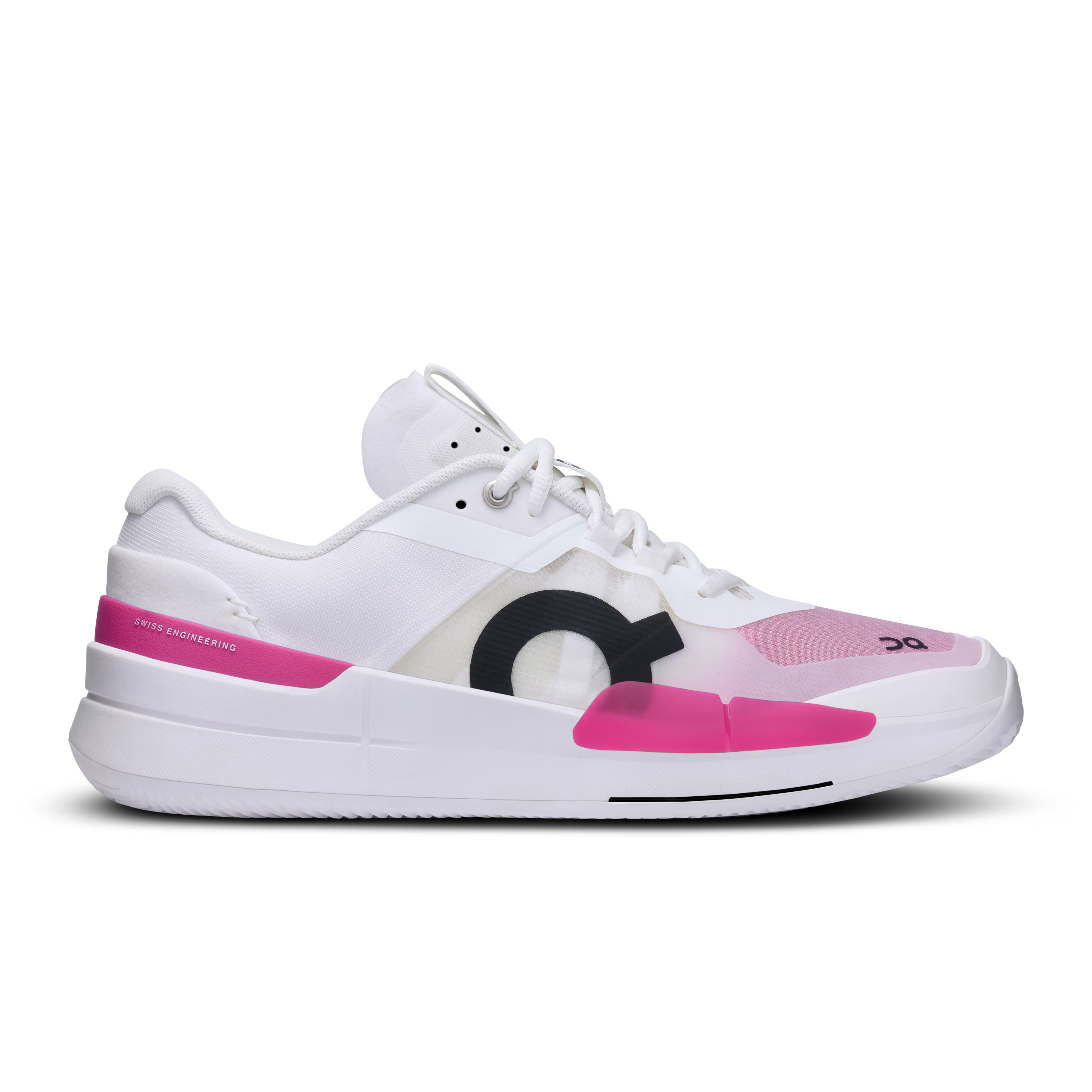 Side view on white background of Mens On The Roger Pro 2 running shoe in White/Pink, Medium (Regular) width