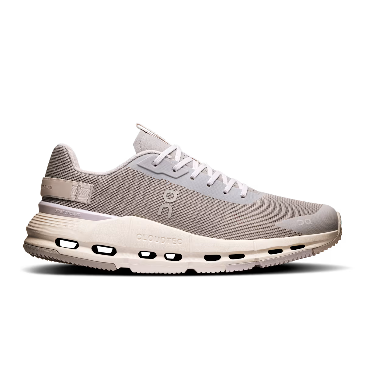Side view on white background of Womens On Cloudnova Form 2 running shoe in Fog/Lavender, Medium (Regular) width
