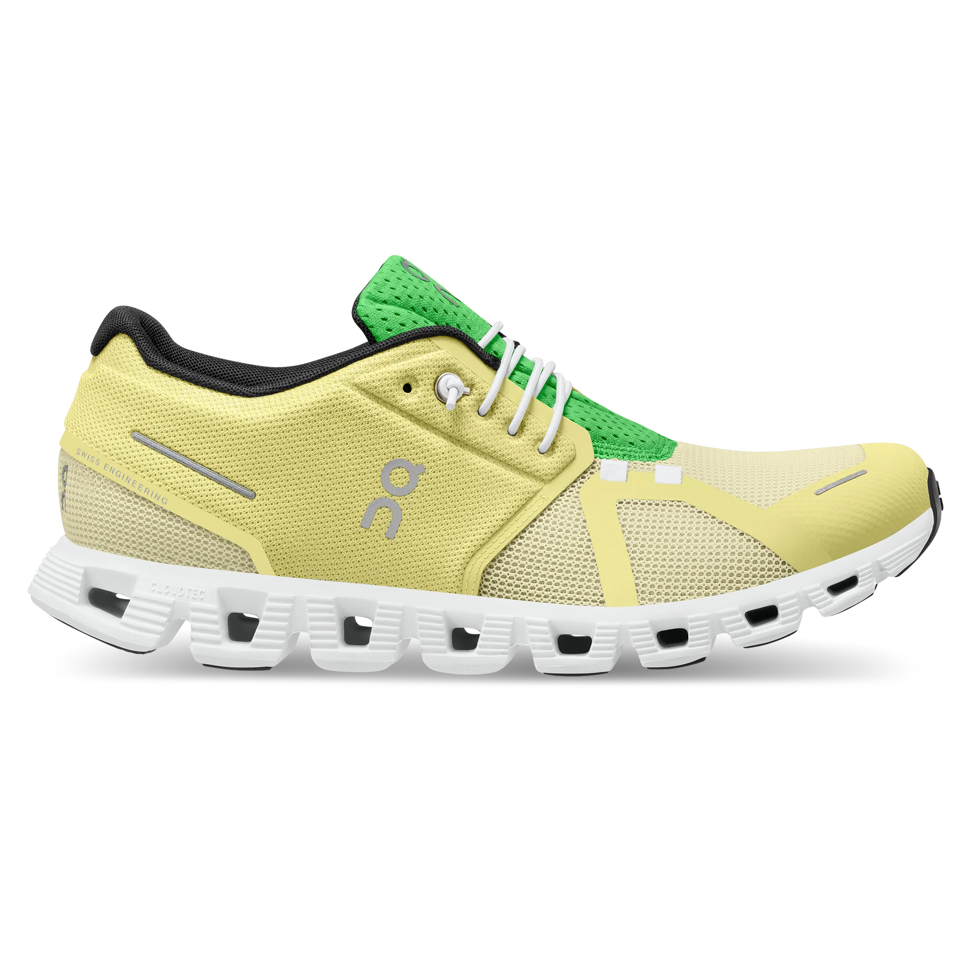 Side view on white background of Mens On Cloud 5 Push running shoe in Hay/Acacia, Medium (Regular) width
