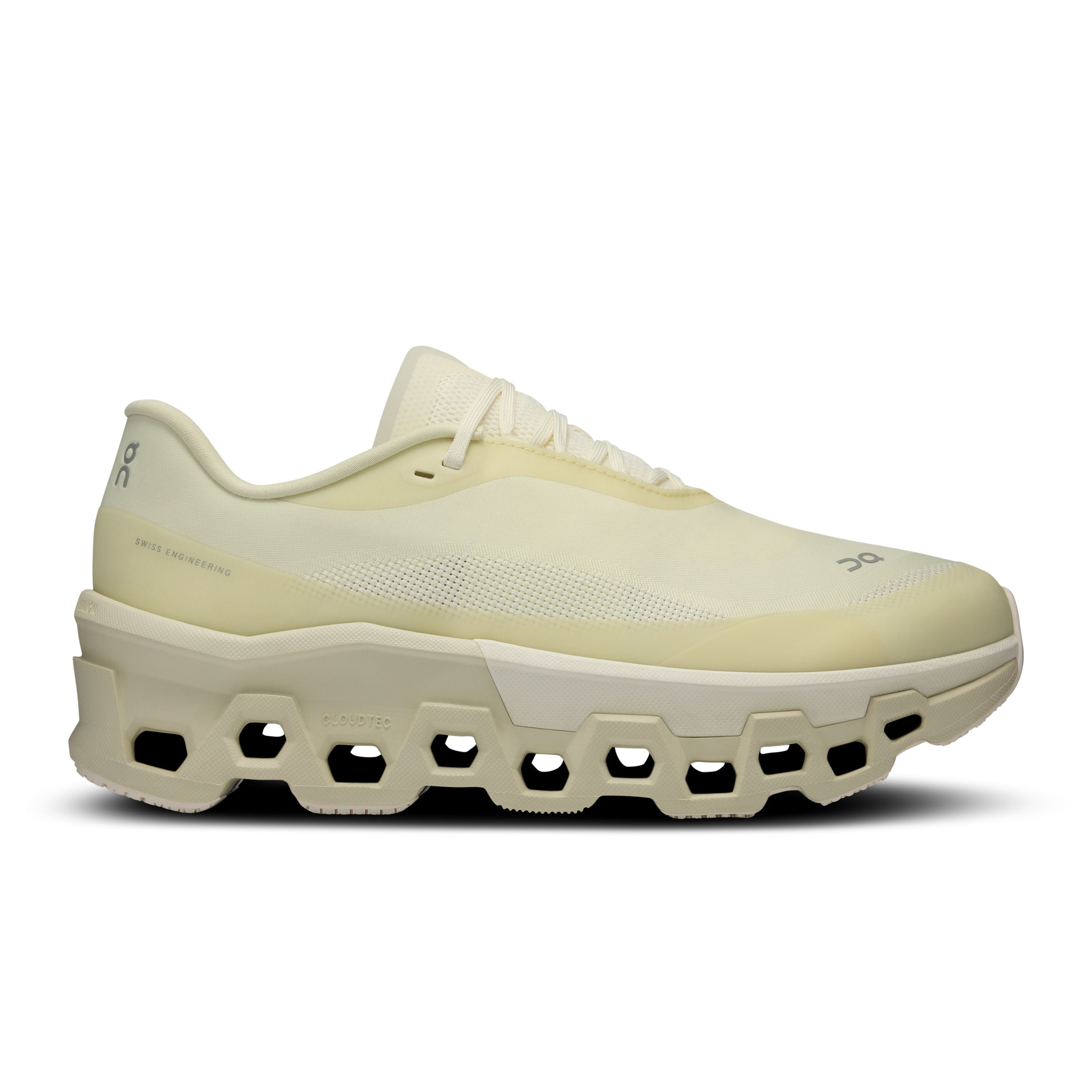 Side view on white background of Womens On Cloudmonster 2 PAF running shoe in Seedling/White, Medium (Regular) width