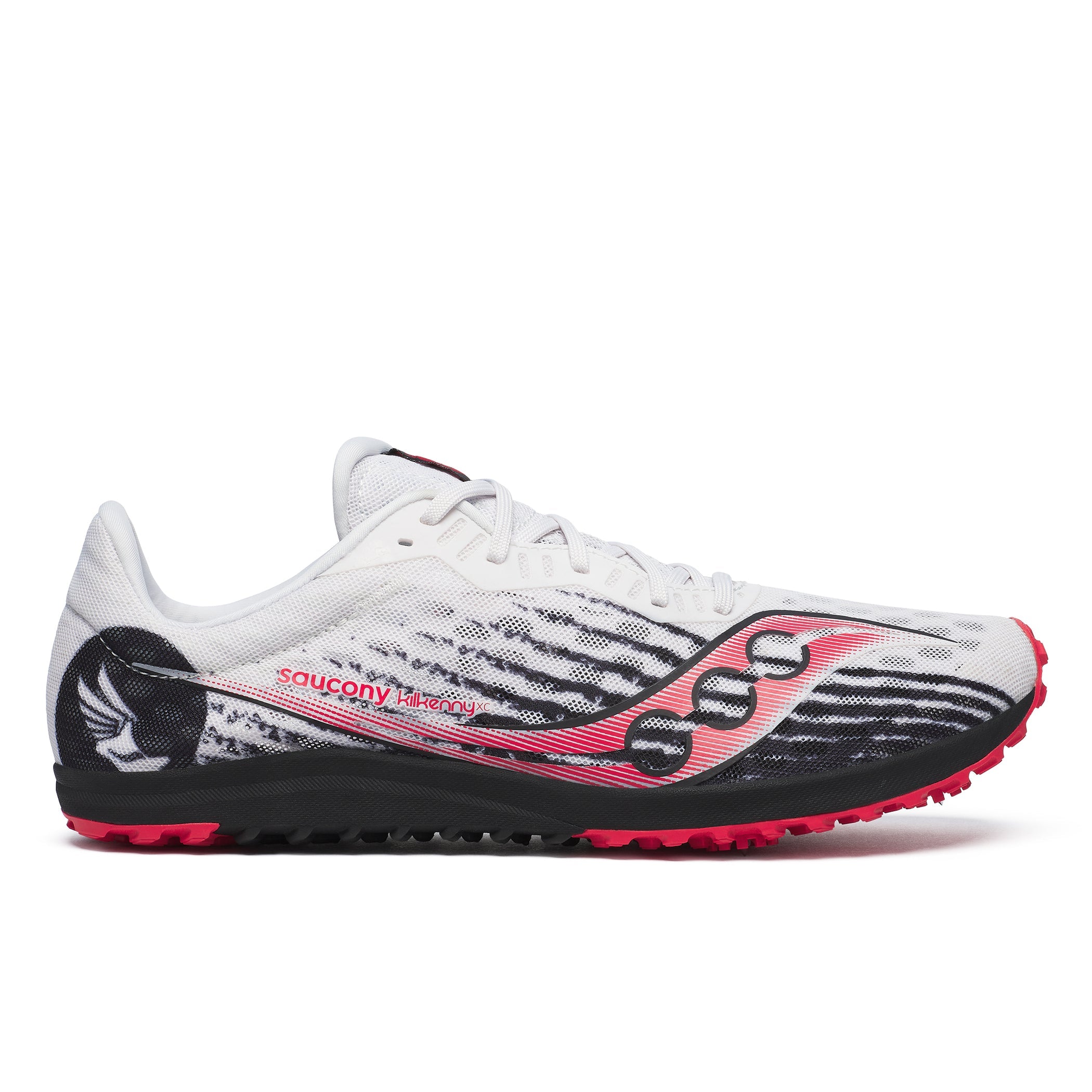 Side view on white background of Mens Saucony Kilkenny XC 9 running shoe in White/Black, Medium (Regular) width