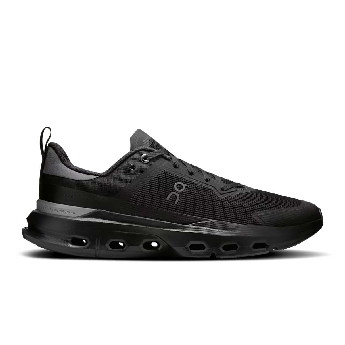 Side view on white background of Mens On Cloudpulse Next running shoe in Black/Stone, Medium (Regular) width