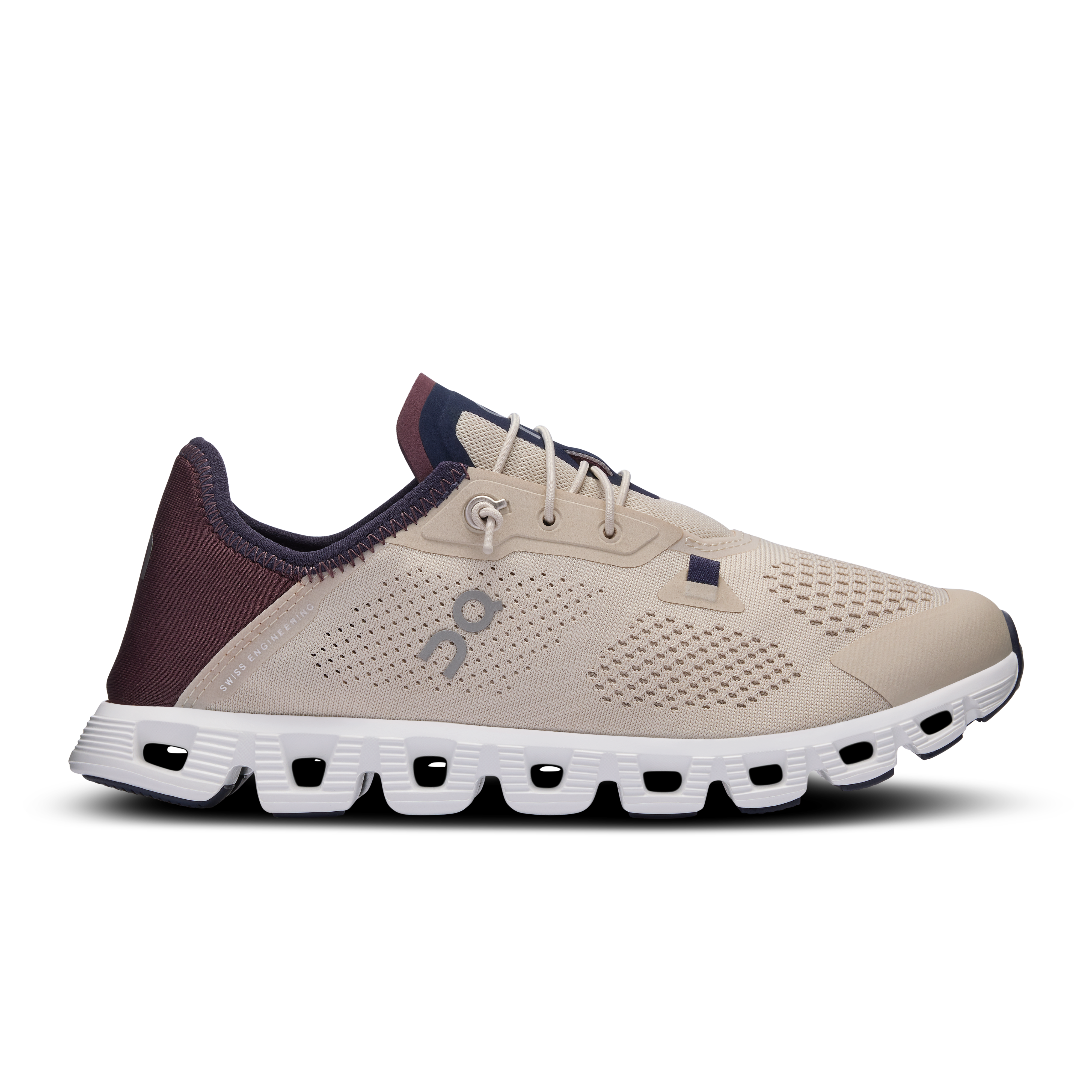 Side view on white background of Womens On Cloud 5 Coast running shoe in Sand/Mulberry, Medium (Regular) width