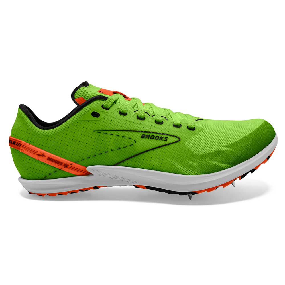Side view on white background of Mens Brooks Draft XC Spikeless running shoe in Green Gecko/Red Orange/White, Medium (Regular) width