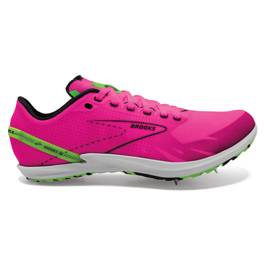 Side view on white background of Womens Brooks Draft XC running shoe in Pink Glo/Green/Black, Medium (Regular) width