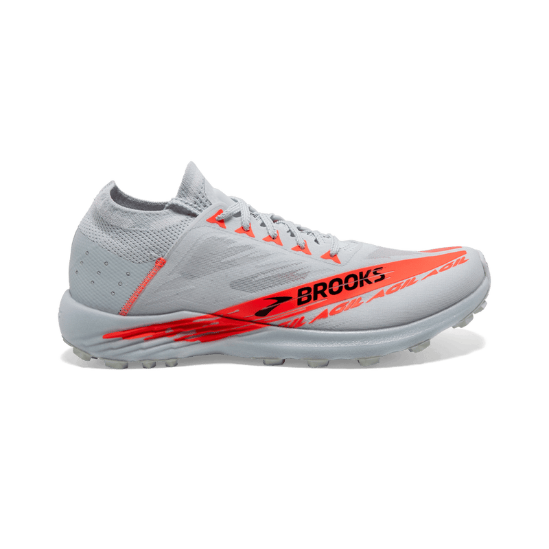 Side view on white background of Womens Brooks Catamount Agil running shoe in Illusion Blue/Coral/Orange, Medium (Regular) width