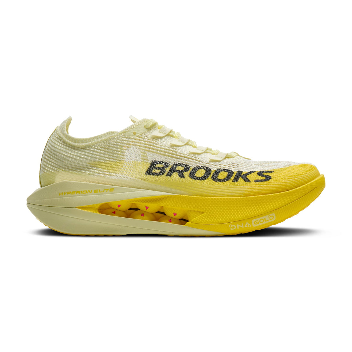 Side view on white background of Mens Brooks Hyperion Elite 5 running shoe in Luminary/Yellow/Gray, Medium (Regular) width
