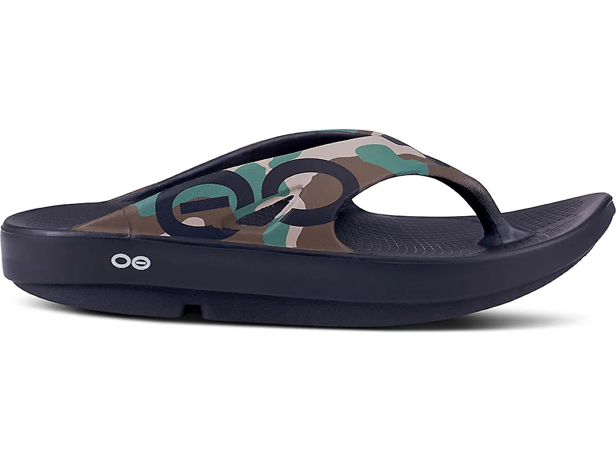 Side view on white background of Womens OOFOS OOriginal Sport Sandal running shoe in Woodland Camo, Medium (Regular) width