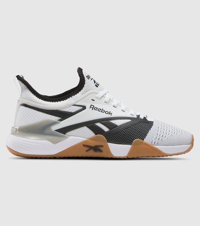 Side view on white background of Mens Reebok Nano Court running shoe in White/Black/Grey 1, Medium (Regular) width