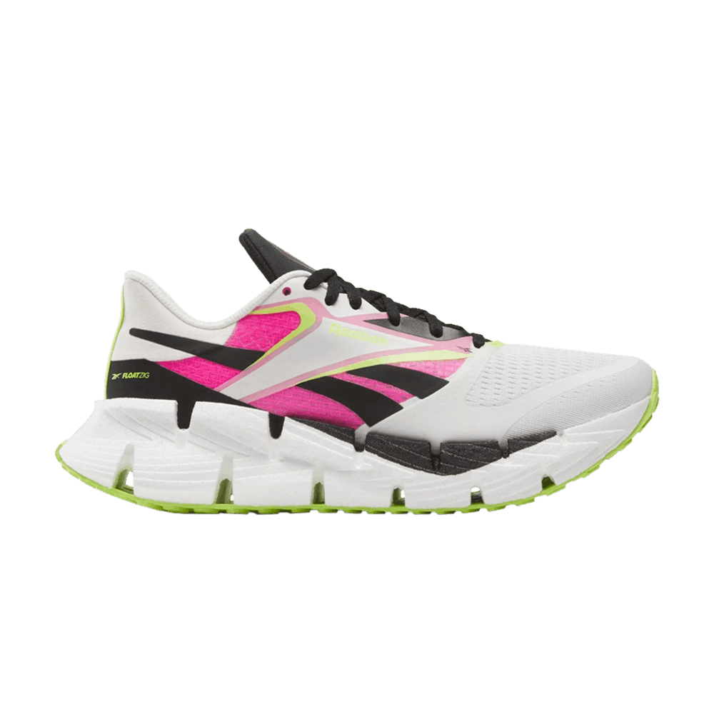 Side view on white background of Womens Reebok Floatzig 1 running shoe in Chalk/Black/Laser Pink, Medium (Regular) width