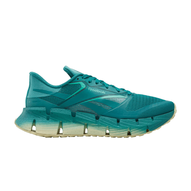 Side view on white background of Mens Reebok Floatzig 1 running shoe in Team Teal/Unleashed Green/White, Medium (Regular) width