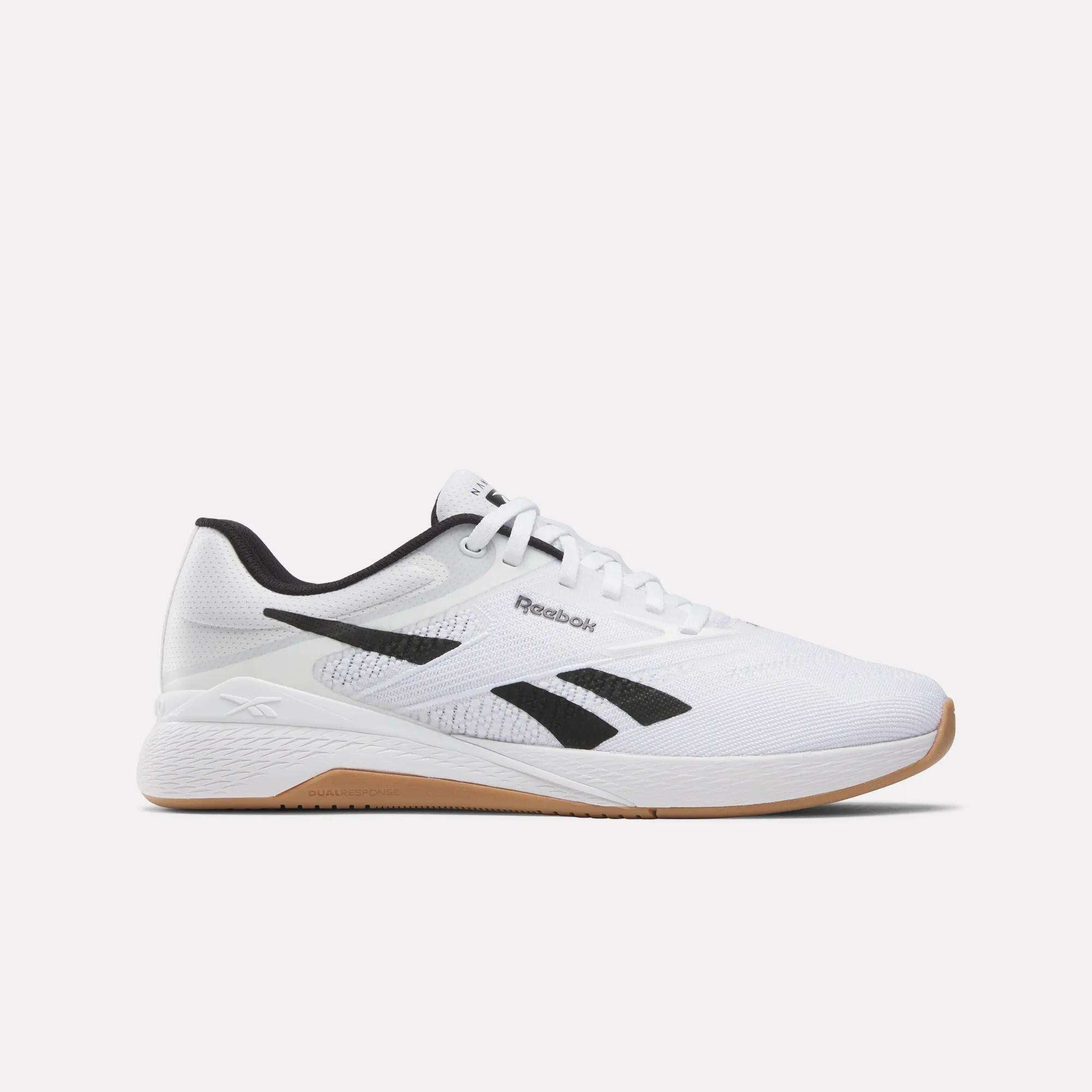 Side view on white background of Mens Reebok Nano X5 running shoe in Ftwr White/Black/Reebok Rubber Gum, Medium (Regular) width