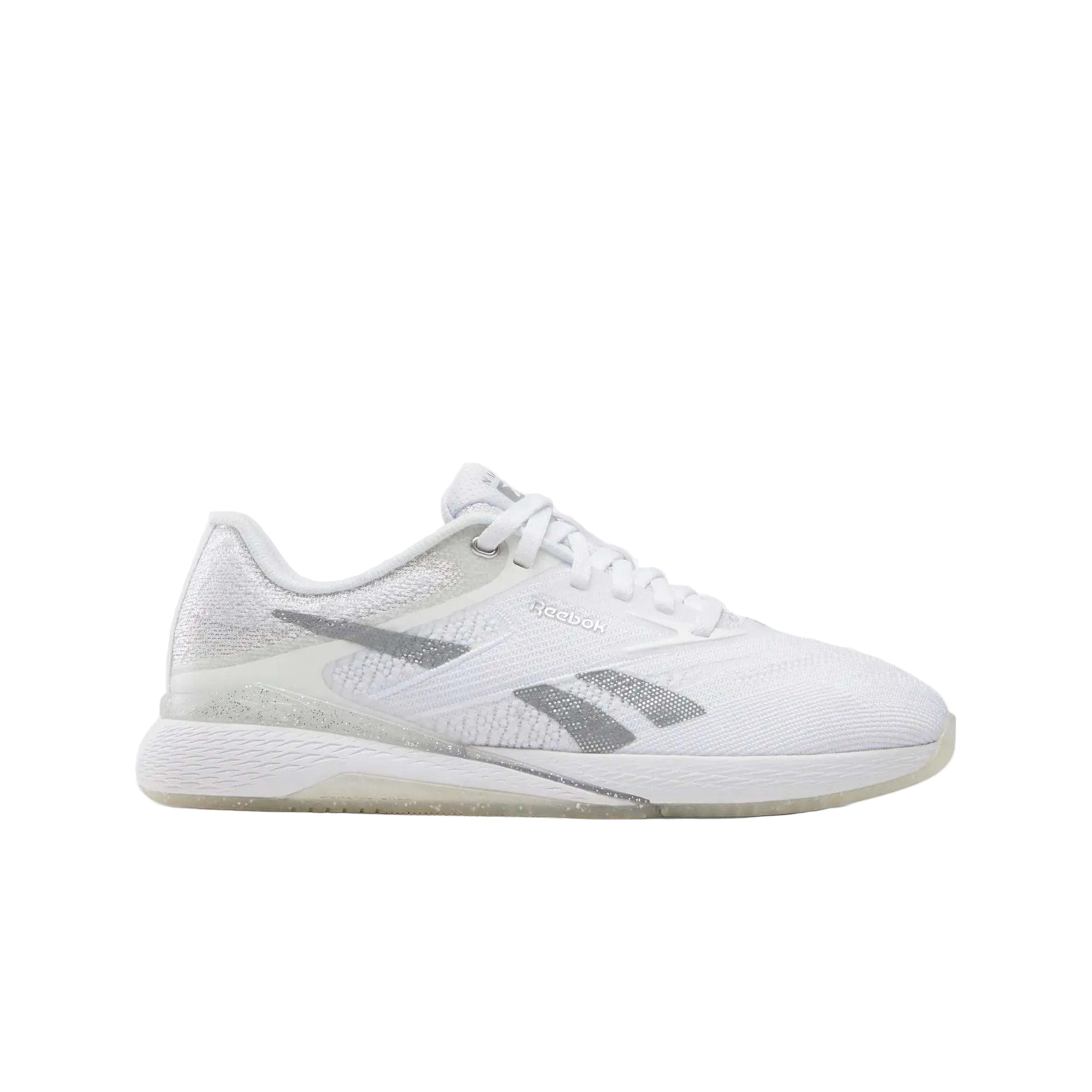 Side view on white background of Womens Reebok Nano X5 running shoe in White/Barely Grey/Silver Metallic, Medium (Regular) width