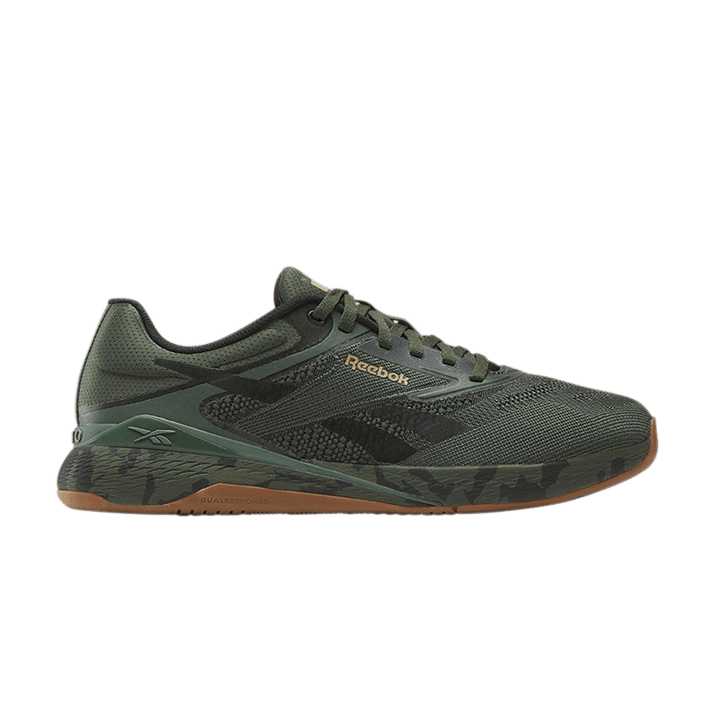 Side view on white background of Mens Reebok Nano X5 running shoe in Grit Green/Black/Khaki Brown, Medium (Regular) width