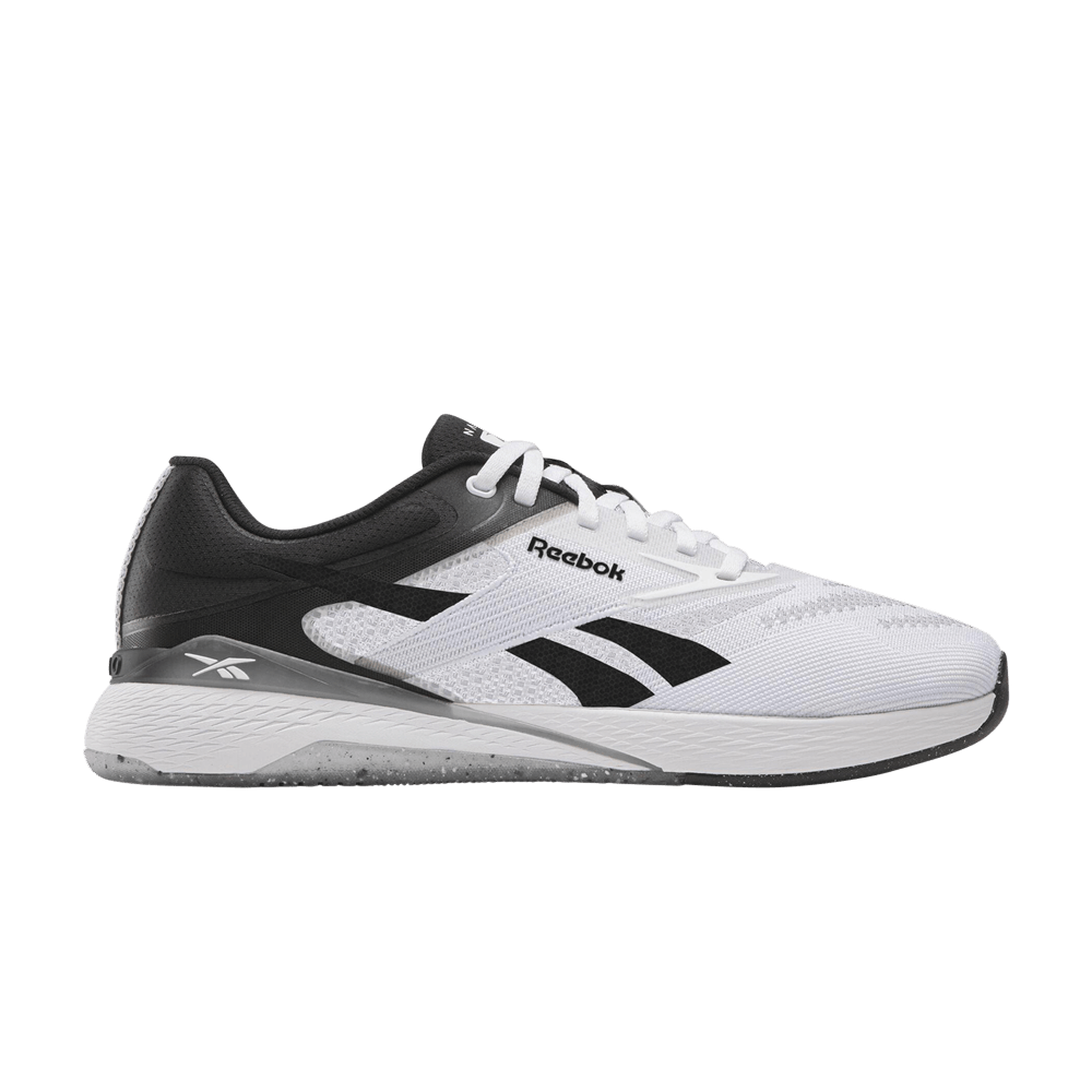 Side view on white background of Womens Reebok Nano X5 running shoe in Ftwr White/Black, Medium (Regular) width