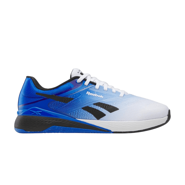 Side view on white background of Mens Reebok Nano X5 running shoe in White/Optimum Blue/Black, Medium (Regular) width