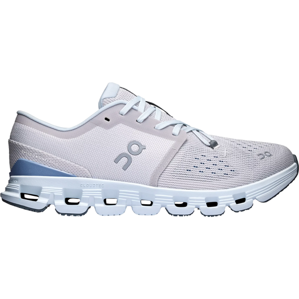 Side view on white background of Womens On Cloud X 4 running shoe in Silver/Chambray, Medium (Regular) width