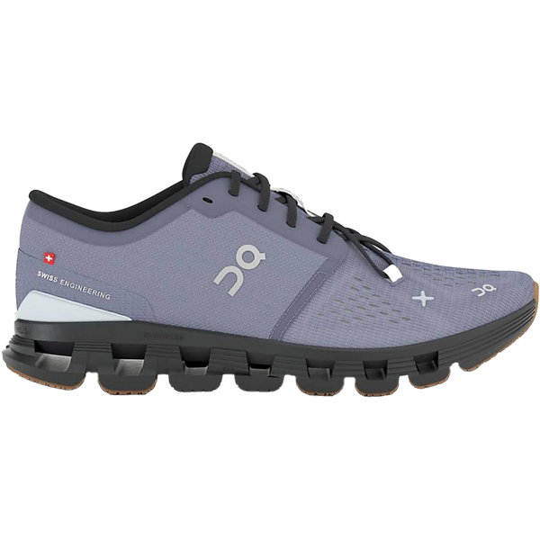 Side view on white background of Womens On Cloud X 4 running shoe in Feather/Black, Medium (Regular) width