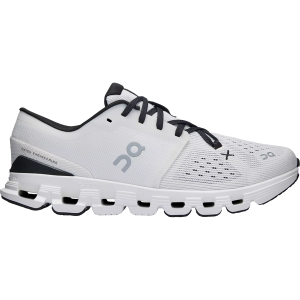 Side view on white background of Womens On Cloud X 4 running shoe in Ivory/Black, Medium (Regular) width
