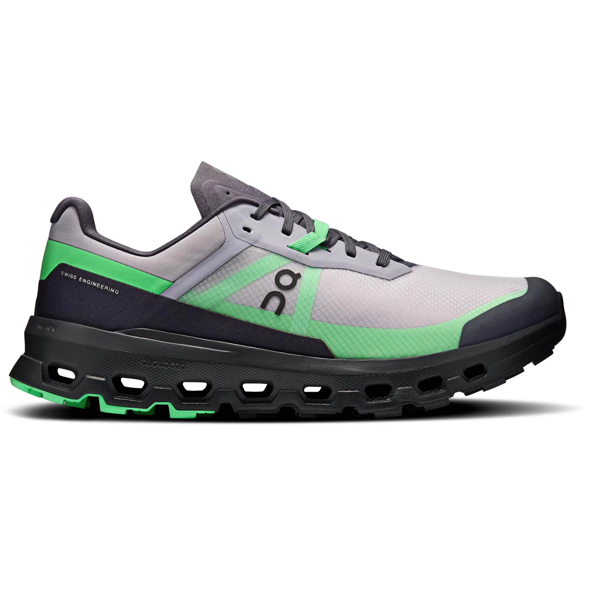 Side view on white background of Mens On Cloudvista 2 running shoe in Lilac/Black, Medium (Regular) width