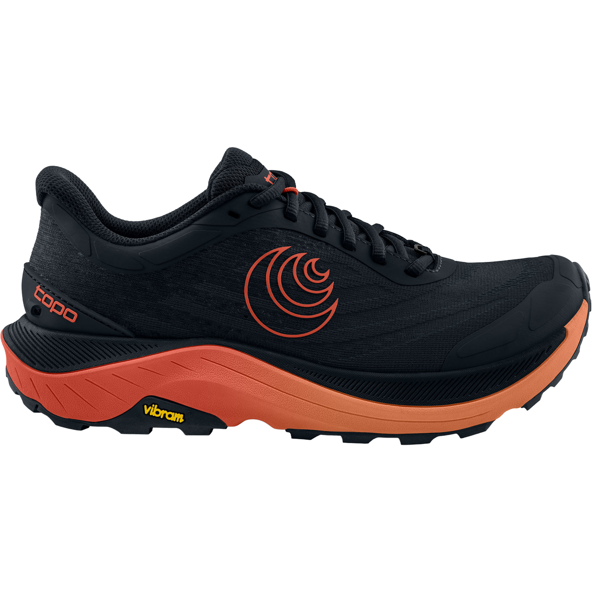 Side view on white background of Mens Topo Athletic Ultraventure 4 running shoe in Black/Red, Medium (Regular) width