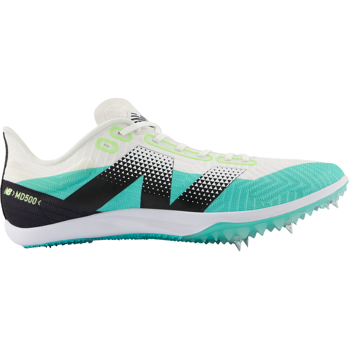 Side view on white background of Womens New Balance FuelCell MD500 V9 running shoe in White/Green/Black, Medium (Regular) width