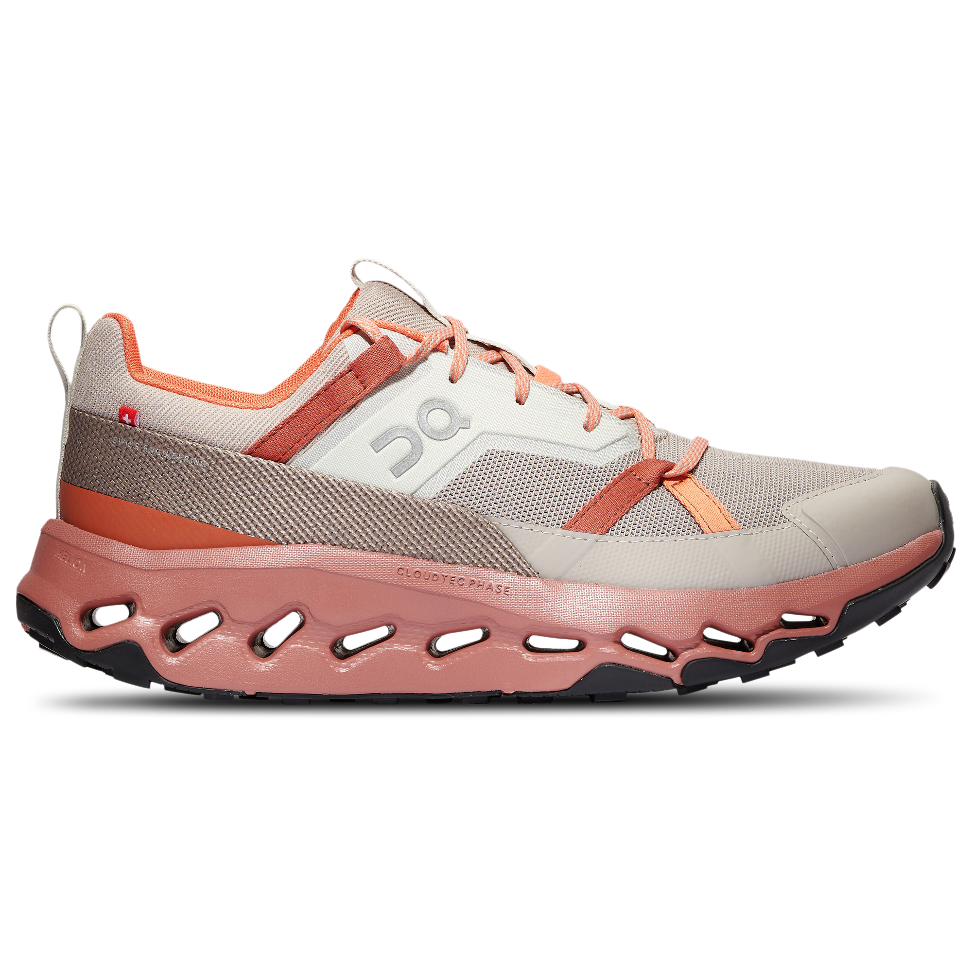 Side view on white background of Womens On Cloudhorizon running shoe in Fog/Mahogany, Medium (Regular) width