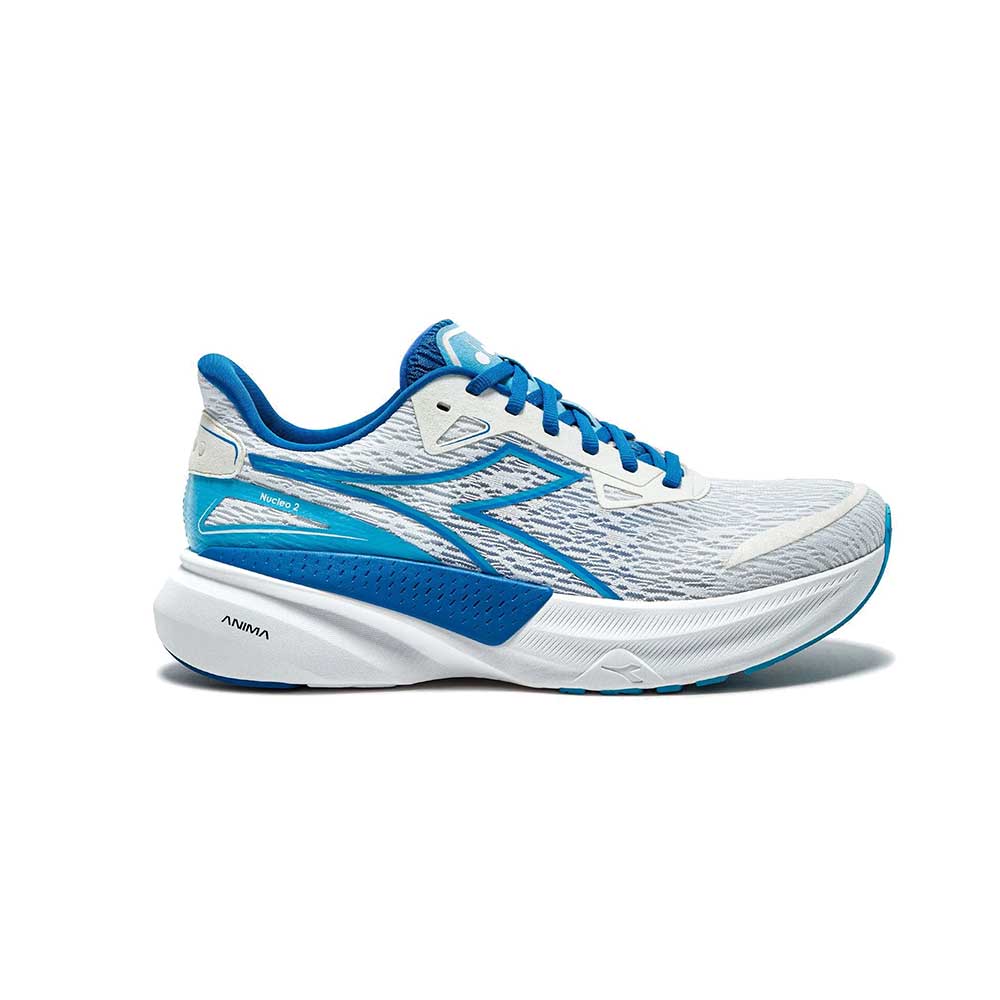 Side view on white background of Mens Diadora Nucleo 2 running shoe in White/French Blue/Aquarius, Medium (Regular) width