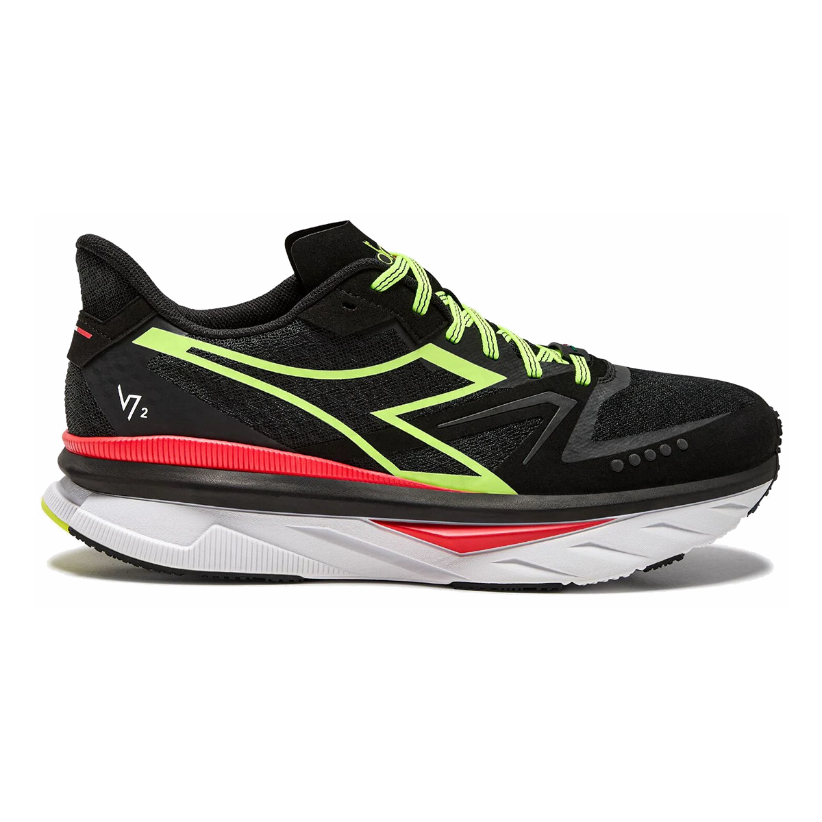 Side view on white background of Womens Diadora Atomo V7000-2 running shoe in Black/Yellow Fluo, Medium (Regular) width