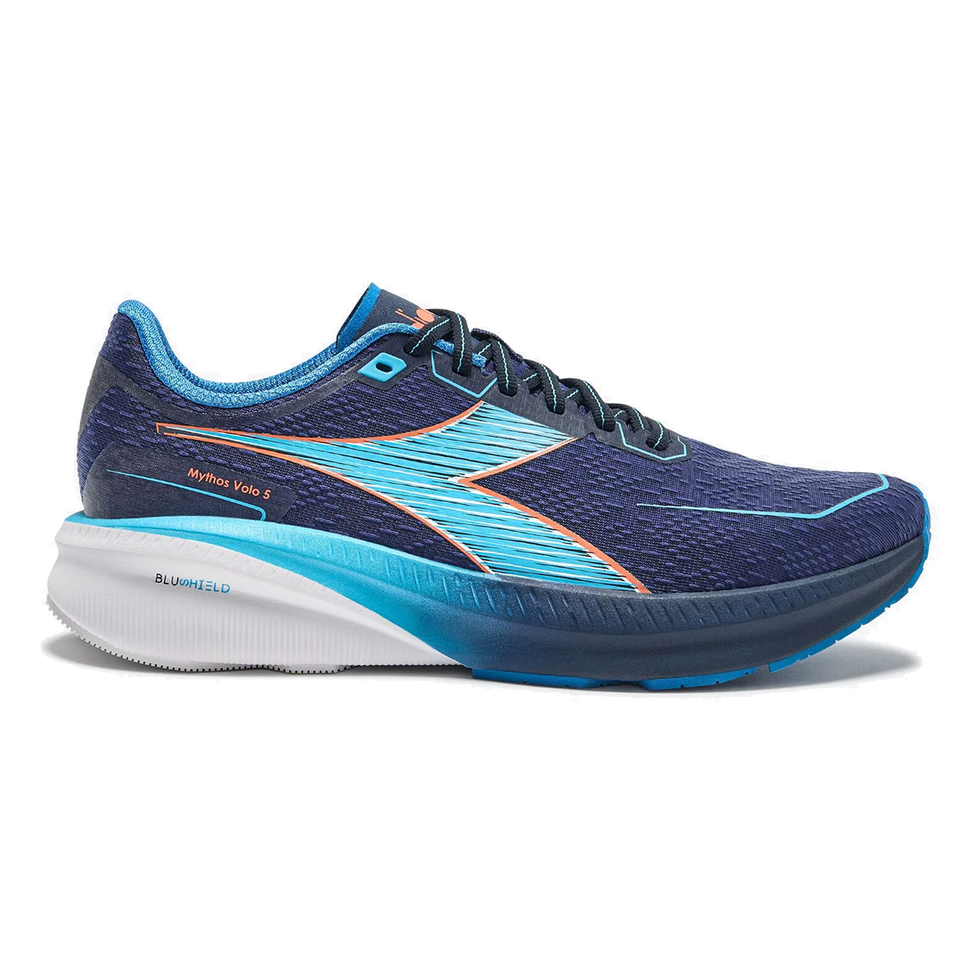 Side view on white background of Mens Diadora Mythos Blushield Volo 5 running shoe in Bl Corsair/Aquarius/Nectarine, Medium (Regular) width