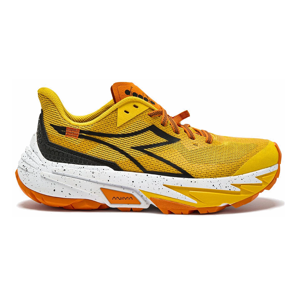 Side view on white background of Womens Diadora Sestriere-Xt 2 running shoe in Yllw Chrome/Exuberance/Blk, Medium (Regular) width
