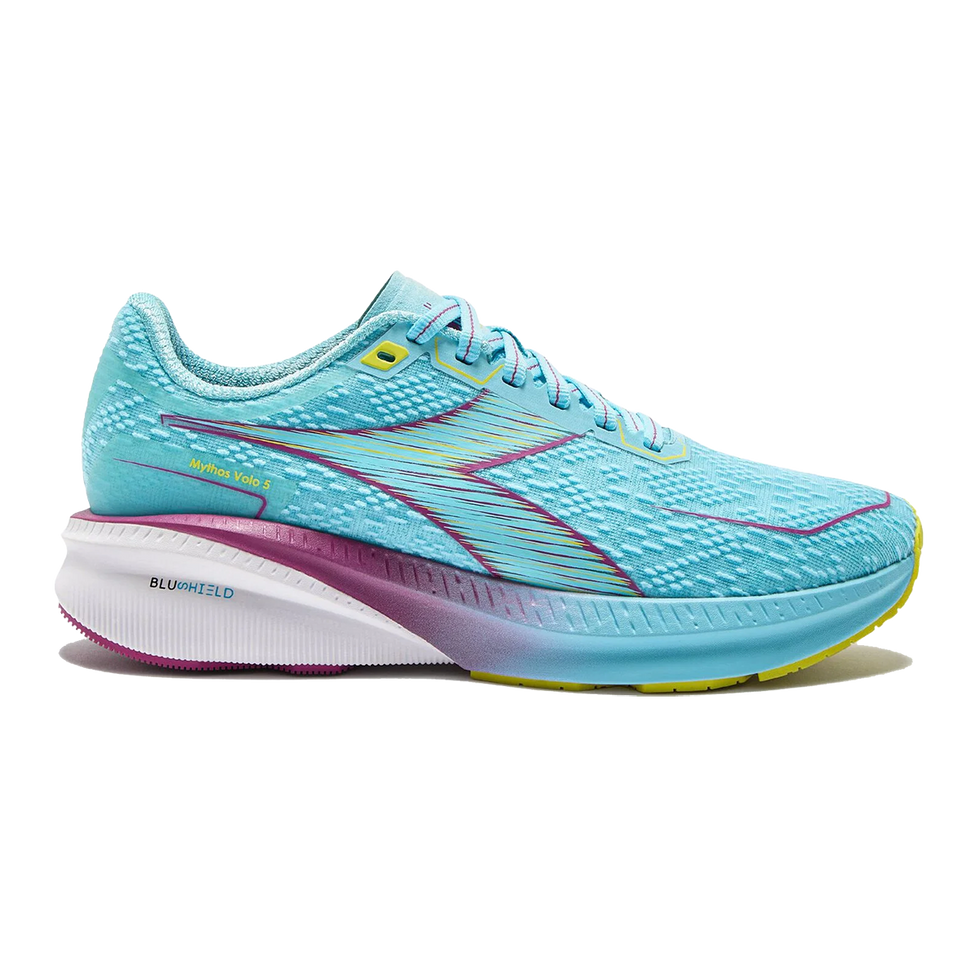 Side view on white background of Womens Diadora Mythos Blushield Volo 5 running shoe in Gulf Stream/Fuchsia Red, Medium (Regular) width