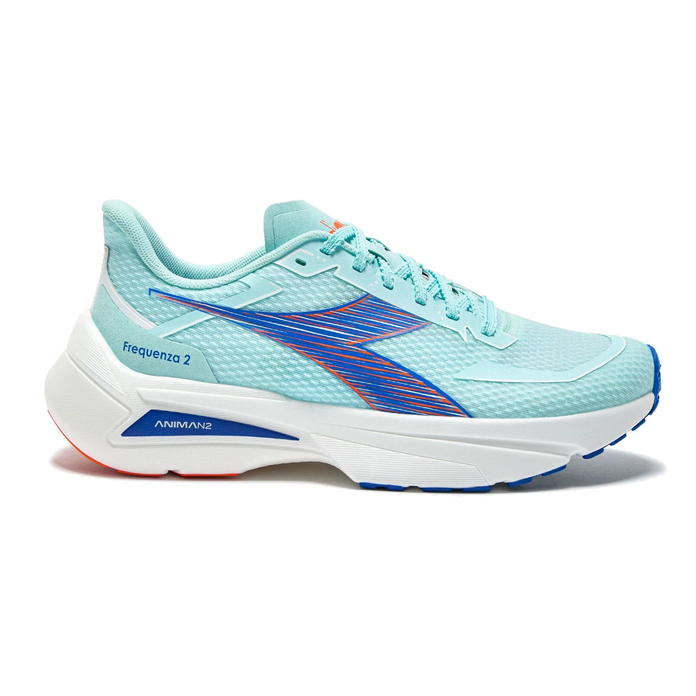 Side view on white background of Mens Diadora Frequenza 2 running shoe in Spa Retreat/Lapis Blue, Medium (Regular) width