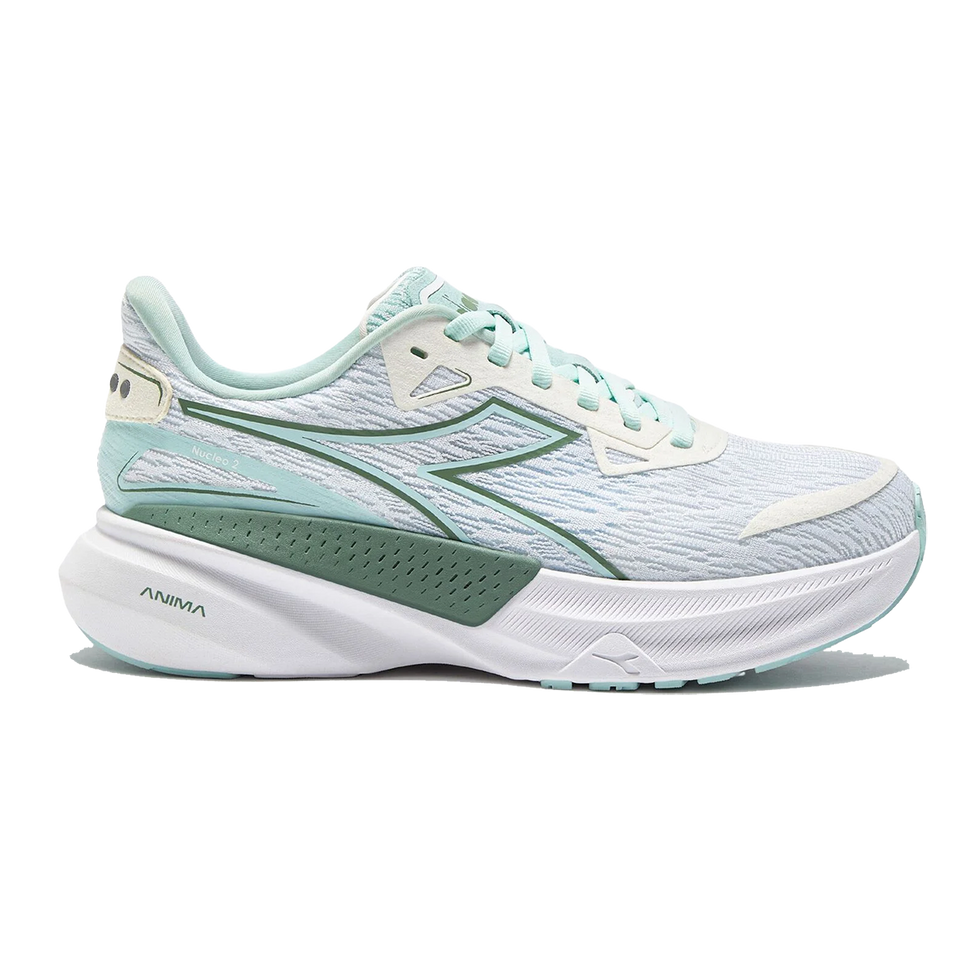 Side view on white background of Womens Diadora Nucleo 2 running shoe in White/Pastel Blue, Medium (Regular) width