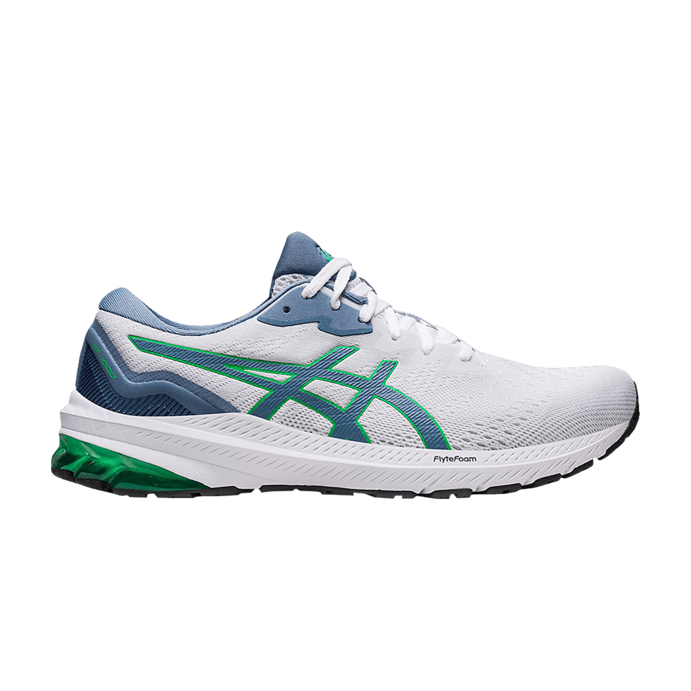 Side view on white background of Mens Asics GT-1000 11 running shoe in White/Steel Blue, Medium (Regular) width