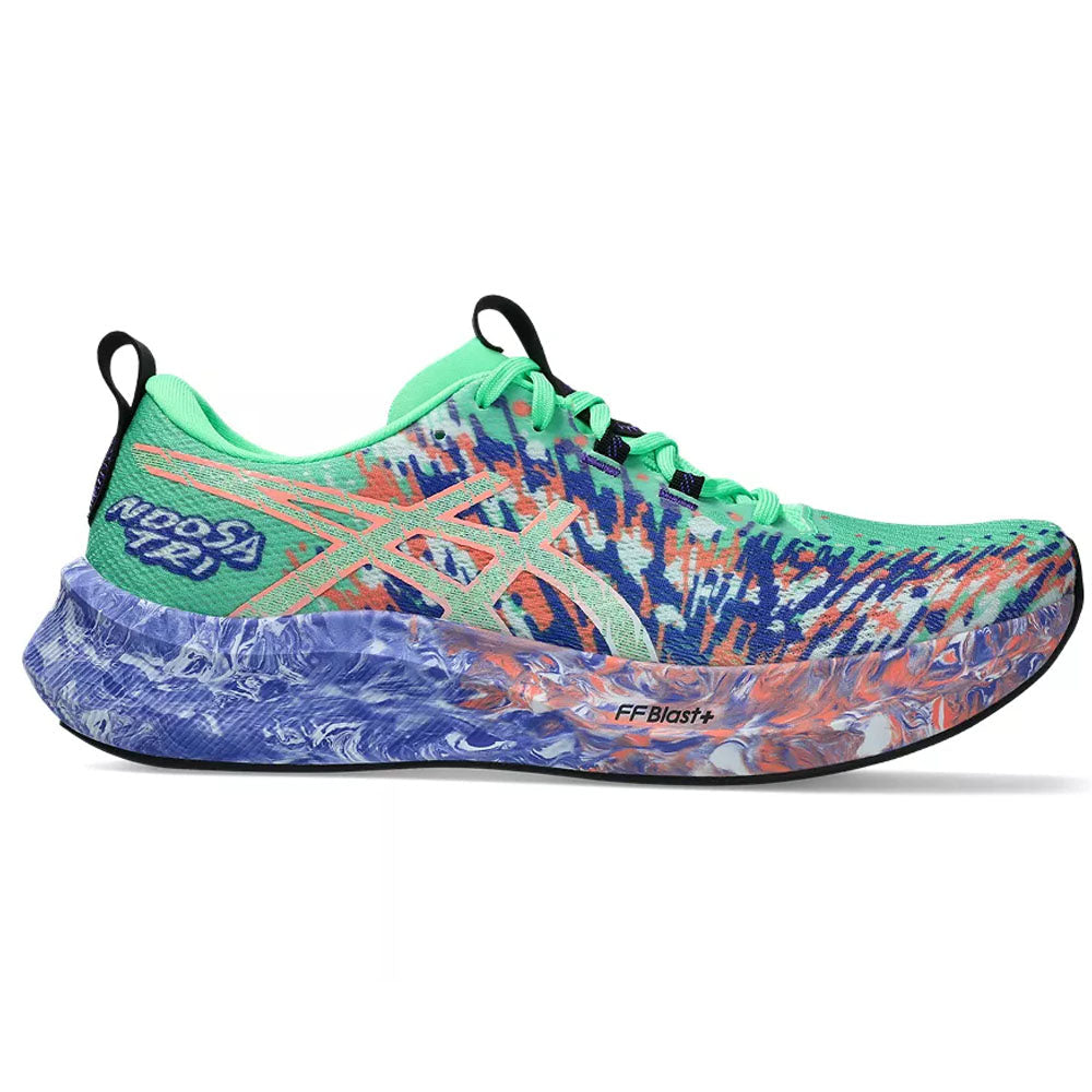 Side view on white background of Mens Asics Noosa Tri running shoe in Vital Green/Cobalt Burst, Medium (Regular) width
