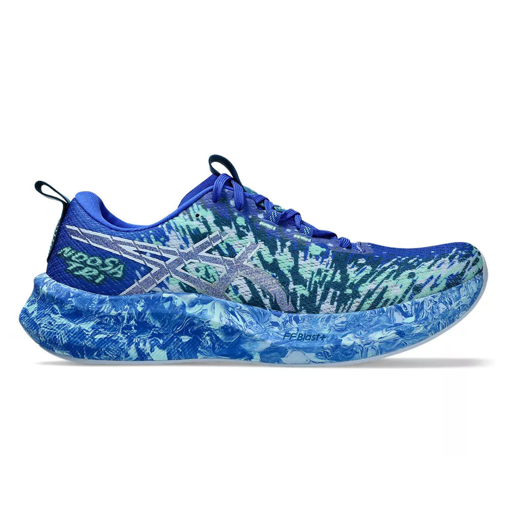 Side view on white background of Mens Asics Noosa Tri running shoe in Neon Blue/Illuminate Mint, Medium (Regular) width