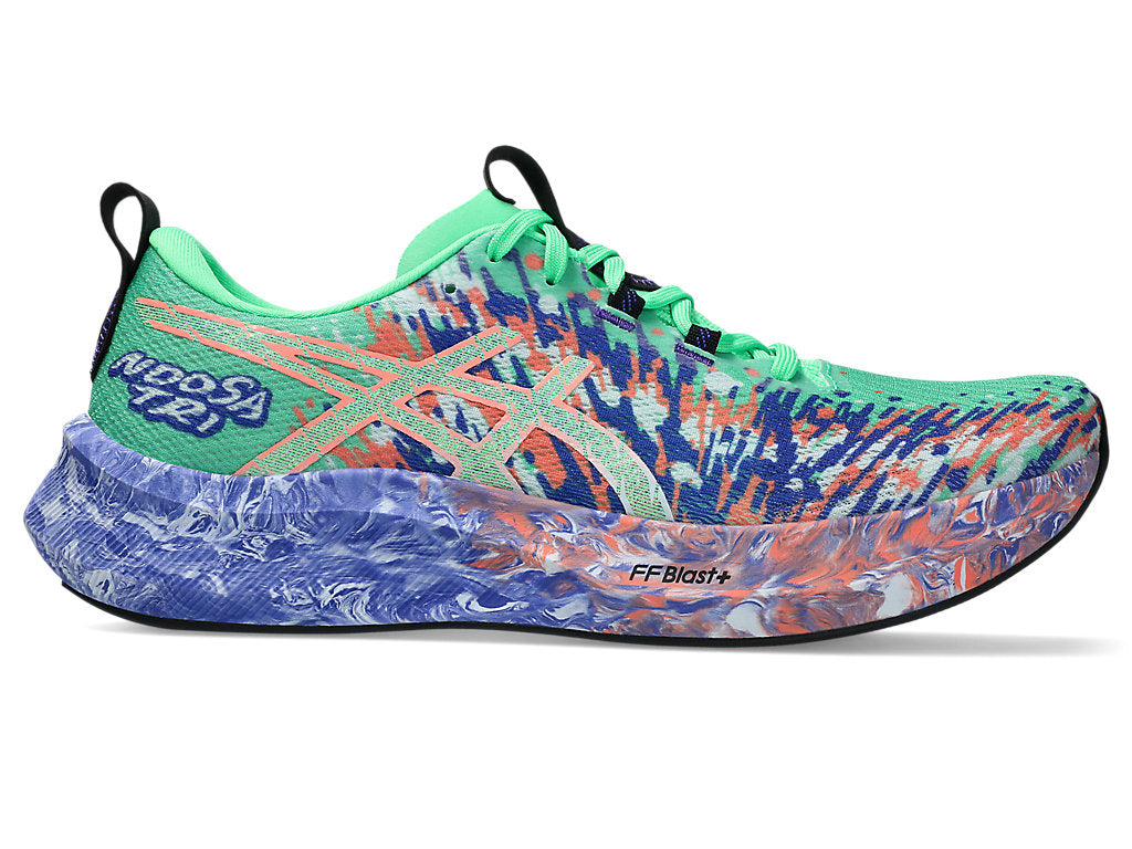 Side view on white background of Mens Asics Noosa Tri 16 running shoe in Vital Green/Cobalt Burst, Medium (Regular) width