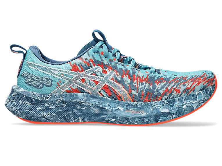 Side view on white background of Mens Asics Noosa Tri 16 running shoe in Stillwater/Winter Sea, Medium (Regular) width