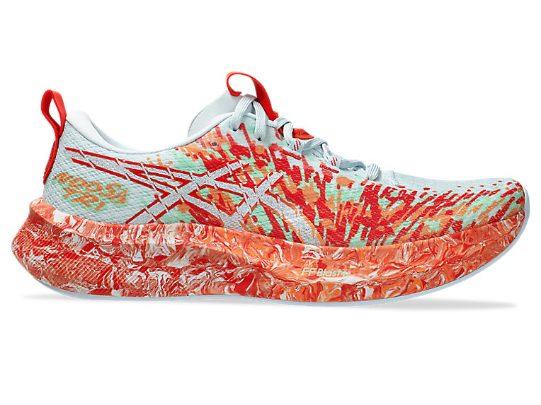 Side view on white background of Mens Asics Noosa Tri 16 running shoe in Sky/Cherry Tomato, Medium (Regular) width
