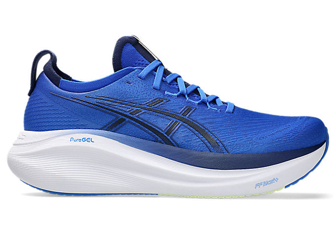 Side view on white background of Mens Asics Gel-Nimbus 27 running shoe in Illusion Blue/Indigo Blue, Medium (Regular) width