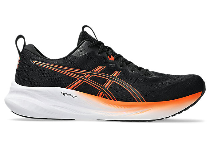 Side view on white background of Mens Asics Gel-Pulse 16 running shoe in Black/Nova Orange, Medium (Regular) width