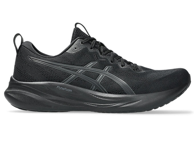 Side view on white background of Mens Asics Pulse 16 running shoe in Black/Graphite Grey, Medium (Regular) width