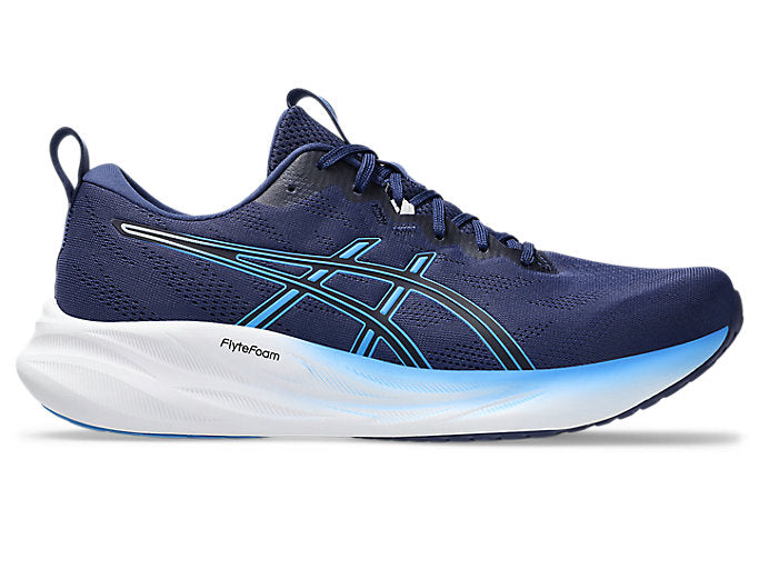 Side view on white background of Mens Asics Gel-Pulse 16 running shoe in Indigo Blue/Pure Aqua, Medium (Regular) width